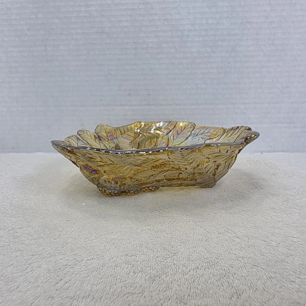 Vintage Indiana Carnival‎ Glass Loganberry Leaf Amber Marigold Candy Dish Gift